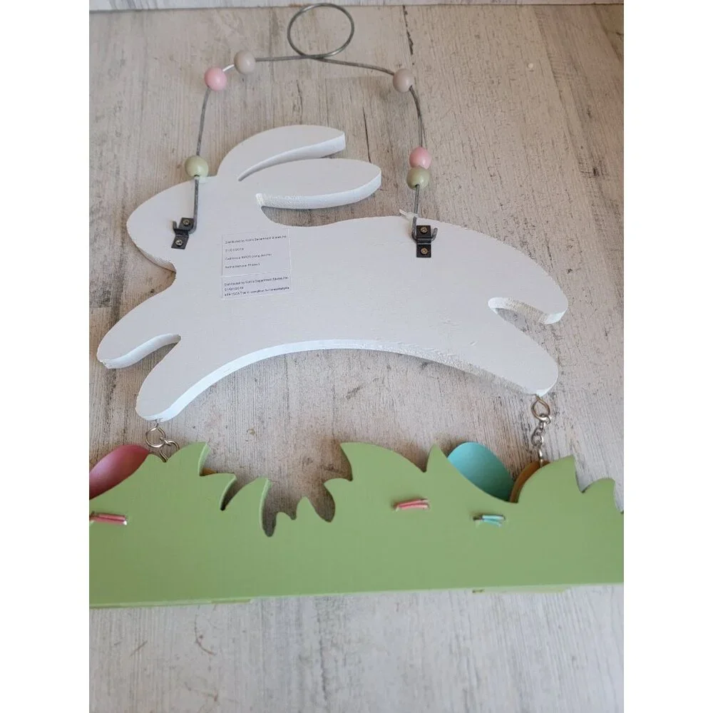 Wooden hanging‎ happy Easter white bunny egg grass Spring home decor